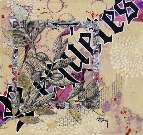 "Requêtes" (Requests) Acrylic and Mixed Media on Canvas, 24" x 22" by artist Jennifer Fleming. See her portfolio by visiting www.ArtsyShark.com