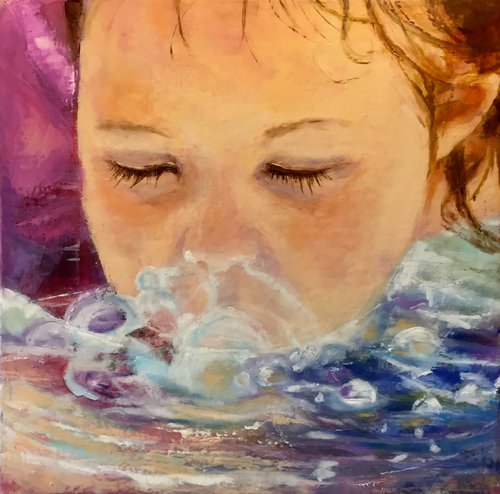 “Blowing Bubbles” Oil and Cold Wax on Canvas, 12” x 12” by artist Sally Sharp. See her portfolio by visiting www.ArtsyShark.com