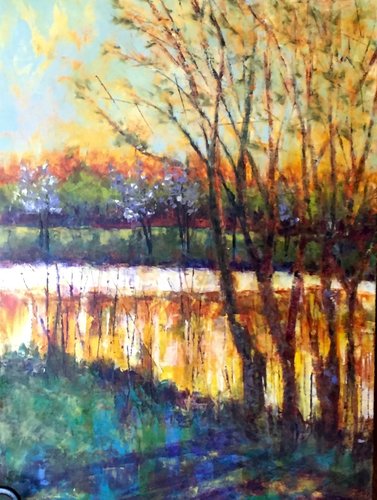 “Early Spring Evening” Oil and Cold Wax, 18” x 24”by artist Sally Sharp. See her portfolio by visiting www.ArtsyShark.com