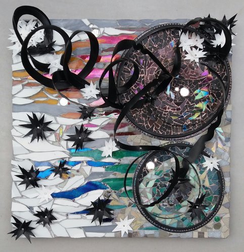 "Black Carnival" Mosaic and Mixed Media: Plastic, Ceramic, Mirror and Glass on Wood, 40cm × 40cmby artist Francesca Busca. See her portfolio by visiting www.ArtsyShark.com 