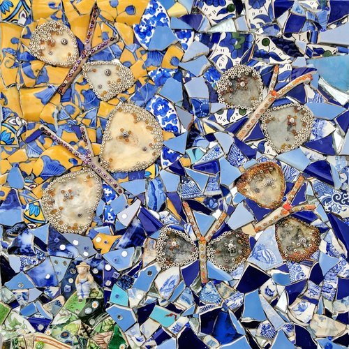 “The Fool on the Hill” Mosaic and Mixed Media: ceramic, glass, mirror, XVI Century Pipes, Shells, Beads and Millefiori on Wood, 41cm x 41cm by artist Francesca Busca. See her portfolio by visiting www.ArtsyShark.com