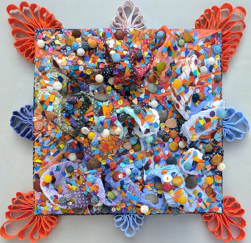 “Pindaros” Mosaic and Mixed Media: Fabric, Plastic, Glass, Ceramic and Mirror on Wood and Metallic Mesh, 53cm x 55cmby artist Francesca Busca. See her portfolio by visiting www.ArtsyShark.com 