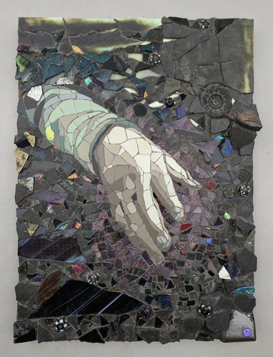 “Pull Me Out of Darkness” Mosaic and Mixed Media: Ceramic, Glass, Beads, Plastic, Fossil on Wood and on Mesh, 30cm x 41cm by artist Francesca Busca. See her portfolio by visiting www.ArtsyShark.com