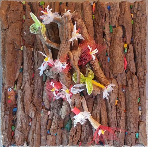 “Stick your Plastic up your Ars” Mosaic and Mixed Media: Bark, Smalti, Marble, Millefiori and Plastic on Wood, 40.5cm x 40.5cm by artist Francesca Busca. See her portfolio by visiting www.ArtsyShark.com