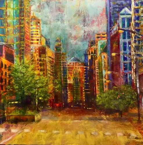 “Waiting for Hannah Bretzels” Oil and Cold Wax, 24” x 24”by artist Sally Sharp. See her portfolio by visiting www.ArtsyShark.com