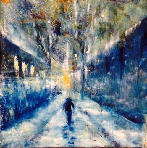 “Walking Out” Oil and Cold Wax on Cradled Board, 12” x 12” by artist Sally Sharp. See her portfolio by visiting www.ArtsyShark.com