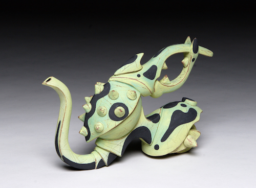 “Construction Beetle with Black Tribal Tattoos: Orphaned Teapot” Terra Cotta with Multi-Fired Surface, 7" x 10" x 4" by artist Gerard Justin Ferrari. See his portfolio by visiting www.ArtsyShark.com