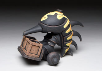 “Dung Beetle with Death Head Moth Graffiti: Orphaned Teapot” Terra Cotta with Multi-Fired Surface, 8" x 9" x 6" by artist Gerard Justin Ferrari. See his portfolio by visiting www.ArtsyShark.com