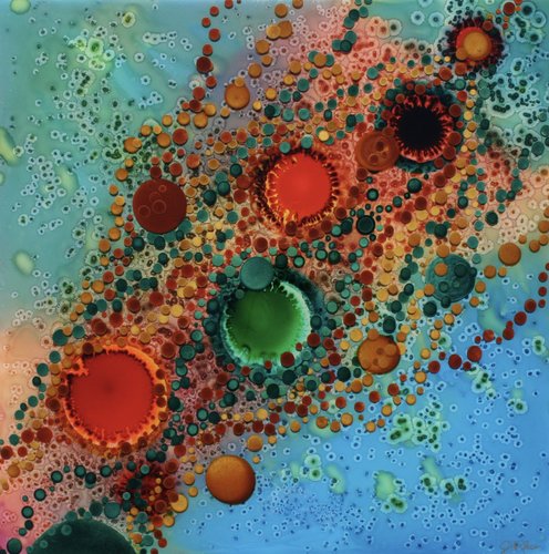 “And life goes on…” Alcohol and Acrylic Inks, Resin on Claybord™, 20” x 20” x 2” by artist Jeanne Rhea. See her portfolio by visiting www.ArtsyShark.com