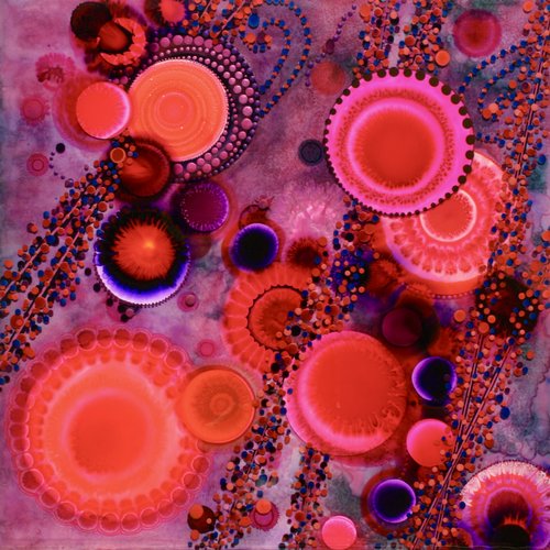 “Cosmic Kaleidoscope” Alcohol and Acrylic Inks, Resin on Claybord™, 36” x 36” x 2” by artist Jeanne Rhea. See her portfolio by visiting www.ArtsyShark.com