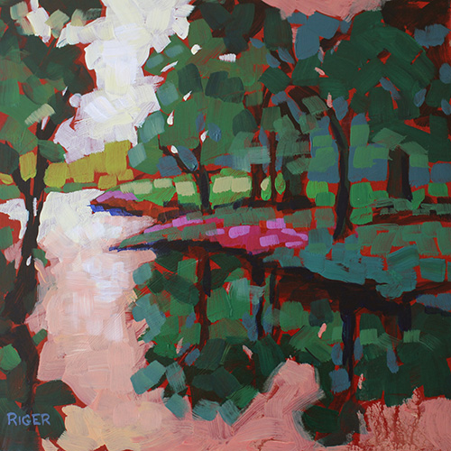“Flowers on the Bank” Acrylic on Board, 10” x 10”by artist Sue Riger. See her portfolio by visiting www.ArtsyShark.com