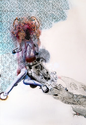 "Hut" Mixed Media on Paper, 110cm x 140cm by artist Martha Zmpounou. See her portfolio by visiting www.ArtsyShark.com