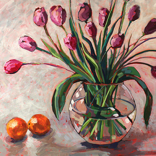 “Joyful Tulips” (detail) Acrylic on Gallery Wrapped Canvas, 36” x 36” by artist Sue Riger. See her portfolio by visiting www.ArtsyShark.com