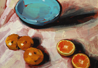 “My Blue Bowl” Acrylic on Board, 8” x 8” by artist Sue Riger. See her portfolio by visiting www.ArtsyShark.com