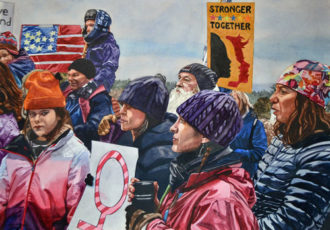 Valerie Patterson, "Women’s March", watercolor, 27″ x 35″. This painting was selected for the "HERStory 2017" online exhibition.