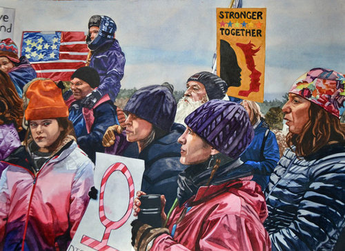 Valerie Patterson, "Women’s March", watercolor, 27″ x 35″. This painting was selected for the "HERStory 2017" online exhibition.