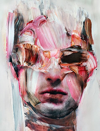 "Pink Face" Watercolour, Acrylic and Collage on Paper, 30cm x 40cm by artist Martha Zmpounou. See her portfolio by visiting www.ArtsyShark.com