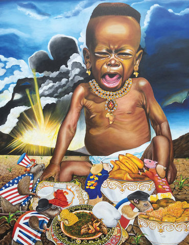 "African't (Africans Cannot Say No to Exploitation)", oil on canvas, 56" x 44" by O. Yemi Tubi. See his artist feature at www.ArtsyShark.com