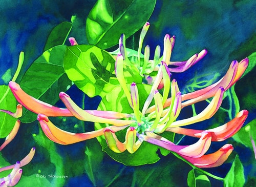 “Honeysuckle Bliss” Watercolor, 14” x 10” by artist Nicki Isaacson. See her portfolio by visiting www.ArtsyShark.com