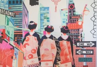 “Japan visits NY” Mixed Media on Canvas, 100cm x 100cm by artist Irene Hoff. See her portfolio by visiting www.ArtsyShark.com