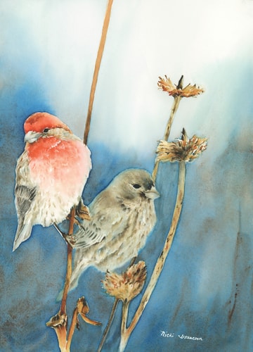 “Feathered Friends” Watercolor, 10” x 13” by artist Nicki Isaacson. See her portfolio by visiting www.ArtsyShark.com