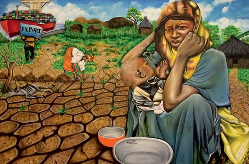 "Hunger in the Land of Plenty" oil on canvas, 24" x 36" by artist O. Yemi Tubi. See his artist feature at www.ArtsyShark.com