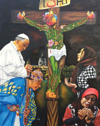 "The Bleeding Roses" oil on canvas, 48" x 60" by artist O. Yemi Tubi. See his artist feature at www.ArtsyShark.com