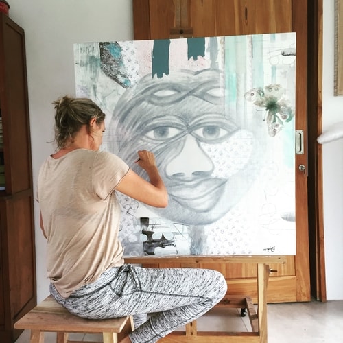 Artist Irene Hoff working on “The Love Guru” Mixed Media on Canvas, 110cm x 110cmby artist Irene Hoff. See her portfolio by visiting www.ArtsyShark.com 