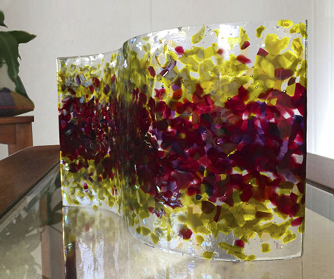 “Cranberry SPLASH Sun Catcher” Fused Glass, 12" x 6" x 2"by artist Lee Sorg. See his portfolio by visiting www.ArtsyShark.com 