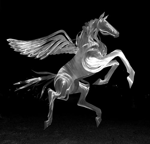 “Wind Dancer Pegasus” Marine Grade Aluminum Sculpture, 10' x 10' x 5' approx. by artist Mindy Colton. See her portfolio by visiting www.ArtsyShark.com