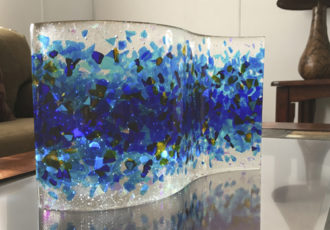 “Blue SPLASH Sun Catcher” Fused Glass, 12" x 6" x 2" by artist Lee Sorg. See his portfolio by visiting www.ArtsyShark.com