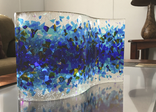 “Blue SPLASH Sun Catcher” Fused Glass, 12" x 6" x 2" by artist Lee Sorg. See his portfolio by visiting www.ArtsyShark.com