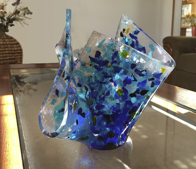“Blue SPLASH Vase” Fused Glass, 8” x 8” x 7”by artist Lee Sorg. See his portfolio by visiting www.ArtsyShark.com 
