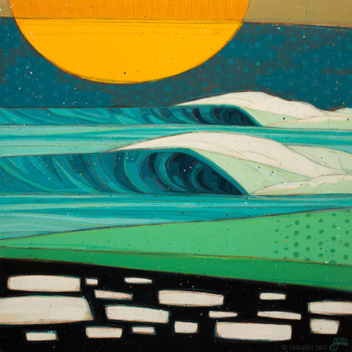 “Horizon 5” Acrylic and Colored Pencil on Wood Panel, 18” x 18” by artist Erik Abel. See his portfolio by visiting www.ArtsyShark.com