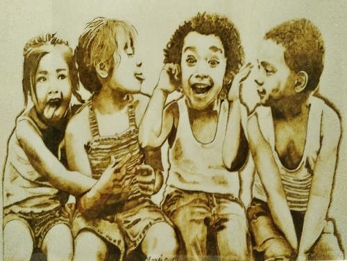 “Abounding Joy” Wood Burned on Paper, 17” x 14” by artist Marsha Wilson. See her portfolio by visiting www.ArtsyShark.com