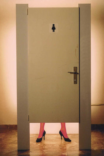 “Basic Needs” Mixed Media Installation of Toilet Stall with Mannequin Legs, 6' x 6' x 4'by artist Lilianne Milgrom. See her portfolio by visiting www.ArtsyShark.com 