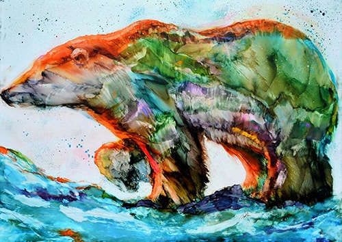 "Bearing the Northern Lights" Alcohol Ink, 48" x 36" by artist Leslie Franklin. See her portfolio by visiting www.ArtsyShark.com