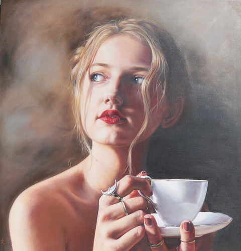 "Bec" Oil on Linen, 95cm x 99cm by artist Anne-Marie Zanetti. See her portfolio by visiting www.ArtsyShark.com