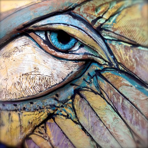 Detail, "Owl Person" sculpture by artist Blue Fire MacMahon