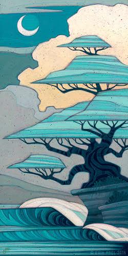 “Bonsai Bliss” Acrylic and Colored Pencil on Wood Panel, 12” x 24” by artist Erik Abel. See his portfolio by visiting www.ArtsyShark.com