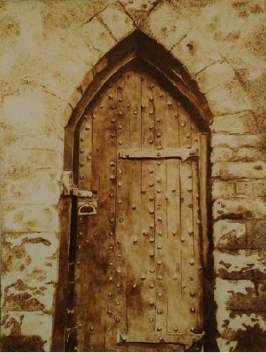 “Celtic Door in a Castle Wall” Burned on Paper, 15” x 12” by artist Marsha Wilson. See her portfolio by visiting www.ArtsyShark.com