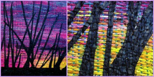 "Through the Grass" by fiber artist Darryl Dancer Wade; detail on right