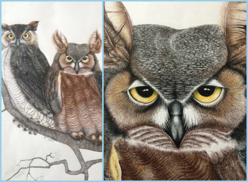 "Two Hoot Owls" by artist Eleanor Goudreau; detail on right.