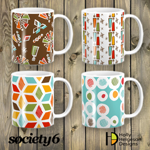 "Sputnik Mugs Set" Surface Design by Holly Helgeson. See her portfolio by visiting www.ArtsyShark.com.