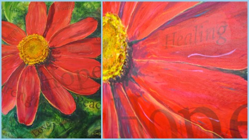 "Healing Zinnia" by artist Lisa Jaworski, detail shot, right