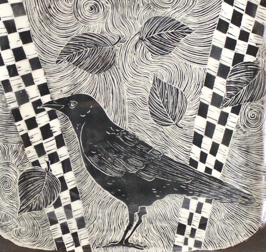 Detail of Platter with Crow by artist Patricia Griffin