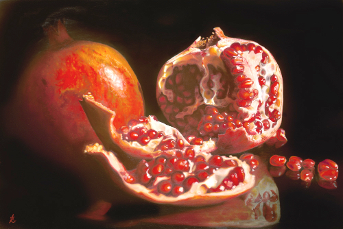 "Pomegranate" Oil on Canvas, 89cm x 60cm by artist Anne-Marie Zanetti. See her portfolio by visiting www.ArtsyShark.com