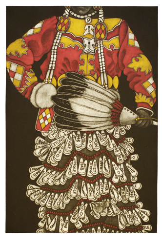 "Red Jingle Dress III" mezzotint, 18" x 12" by Linda Whitney. See her artist feature at www.ArtsyShark.com