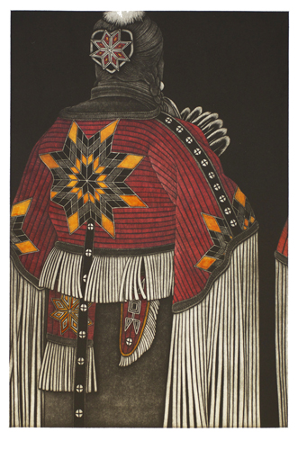 "Red Quilled Star Cape" mezzotint, 18" x 12" by Linda Whitney. See her artist feature at www.ArtsyShark.com
