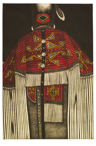 "Red Quilled Cape" mezzotint, 18" x 12" by Linda Whitney. See her artist feature at www.ArtsyShark.com